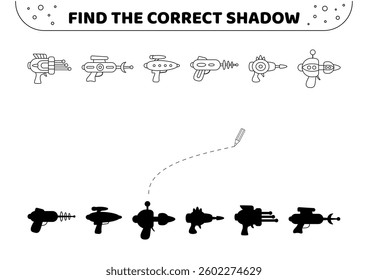 Find the correct shadow. Guns. Space weapon. Blaster. Black and white. Shadow matching game. Isolated vector illustration eps 10