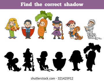 Find the correct shadow: Halloween characters (vampire, mermaid, witch, mummy, carrot, pirate)