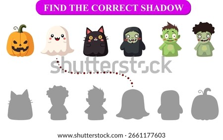 Find the correct shadow Halloween educational game with squishmallows such as zombies, black cat, pumpkin, ghost. Interesting developing mind riddle for little kids. Flat vector illustration.
