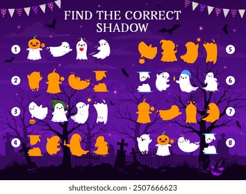 Find the correct shadow of halloween kawaii ghosts, kids game worksheet. Shadow match kids game, similarity search puzzle or vector quiz with funny kawaii ghosts personages and cemetery background