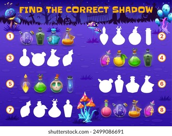 Find the correct shadow of Halloween magic potion bottles. Shadow match children game, similarity search kids quiz vector worksheet with magic potion flasks or bottles on night cemetery background