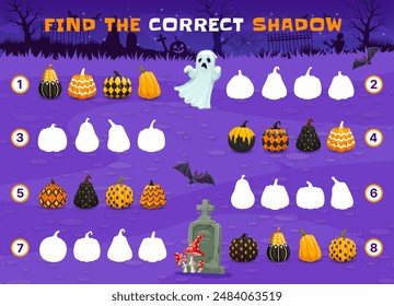 Find the correct shadow of Halloween patterned pumpkins on cemetery and spooky ghost. Cartoon kids vector game worksheet for children logic activity, educational riddle for logical mind development