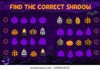 Encuentra una sombra correcta de calabazas con motivos de Halloween, prueba de juego para niños. Hoja de cálculo de Vector con linternas de calabaza de vacaciones de Halloween que coinciden con el rompecabezas en el fondo del cementerio de medianoche con el castillo y los murciélagos