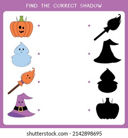 Find the correct shadow for the Halloween symbols. Vector worksheet of simple educational game for kids