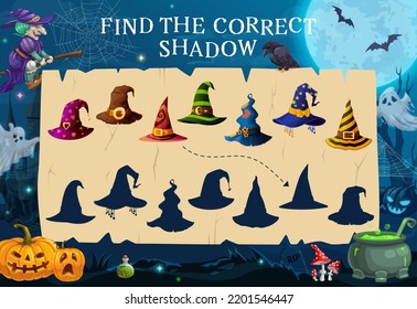 Find a correct shadow of Halloween witch hat. Shadow match riddle or children matching quiz vector worksheet with sorcerer or mage hats, witch on broom and Halloween pumpkin lantern, cemetery ghosts