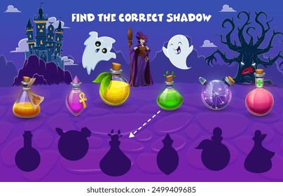 Encuentra la sombra correcta de las botellas de poción de bruja de Halloween. Hoja de trabajo del juego a juego del Vector de los niños con los frascos del brebaje de la historieta, la bruja y los fantasmas en el paisaje nocturno con el castillo embrujado y el monstruo del árbol