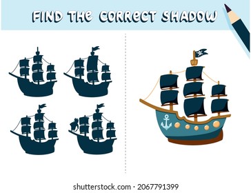 Find The Correct Shadow, Hand Drawn Pirate Sailing Ship. Educational Game For Kids. Collection Of Vector Illustration Children's Games.