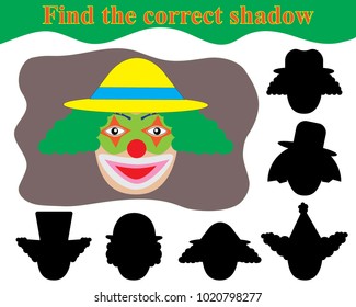 Find the correct shadow. Happy face clown. Educational game for children. 