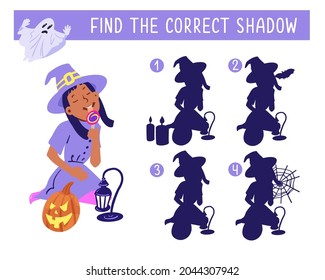 Find the correct shadow. Happy Halloween. Girl eating sweets. Game for children. Activity, vector.