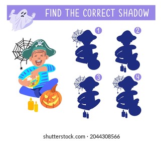 Encuentra la sombra correcta. Feliz Halloween. Niño comiendo dulces. Juego para niños. Actividad, vector.