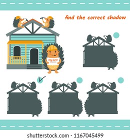 Find the correct shadow. Hedgehogs build their own house.  Learning children game.
