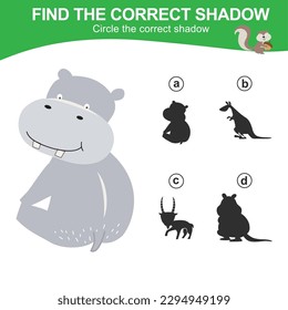 Find the correct shadow of the hippopotamus. Matching animal shadow game for children. Worksheet for kid. Educational printable worksheet. Vector illustration file.