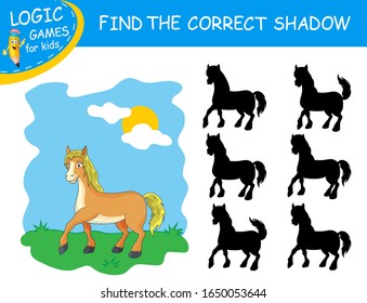 Find the correct shadow Horse. Cute cartoon Pony on colorful background. Educational matching game for children with fun animal. Logic Games for Kids. Learning card for child kindergarten or school.
