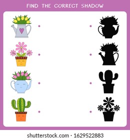 Find the correct shadow for houseplants. Vector worksheet of simple educational game for kids