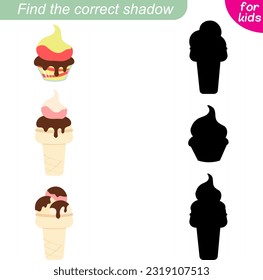 Encuentra la sombra correcta. Colección de helados. Varios helados.