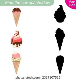  Encuentra la sombra correcta. Colección de helados. Helado suave en un vaso.