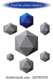 Find the correct shadow ( icosahedron ). Icosahedron - a symbol of water. Regular convex polyhedra. Platonic body of equilateral triangles. 20 faces, edges 30, 12 tops.  Vector illustration