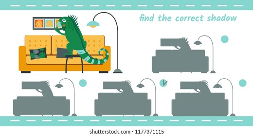 Find the correct shadow. Iguana in the interior. Learning children game.