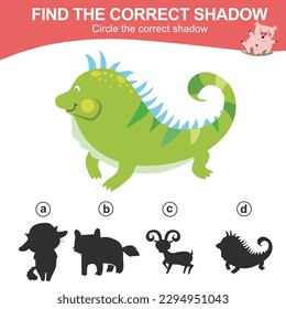 Find the correct shadow of the iguana. Matching animal shadow game for children. Worksheet for kid. Educational printable worksheet. Vector illustration file.