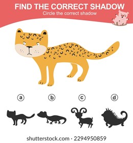 Encuentra la sombra correcta del jaguar. Juego de sombra para animales para niños. Hoja de trabajo para niños. Hoja de cálculo imprimible educativa. Archivo de ilustración del vector.