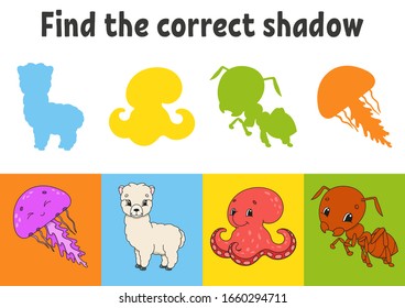 Find the correct shadow. Jellyfish, alpaca, octopus, ant. Education worksheet. Matching game for kids. Color activity page. Puzzle for children. Cartoon character. Isolated vector illustration.