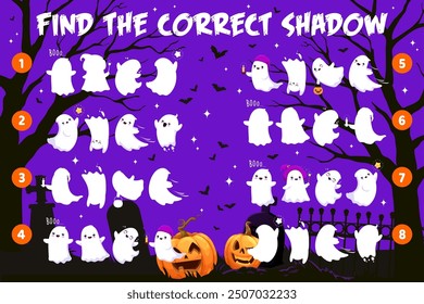 Find the correct shadow of kawaii ghost characters, Halloween game. Kids vector quiz worksheet with cute cartoon ghost shades on the night cemetery. Matching educational riddle for mind development