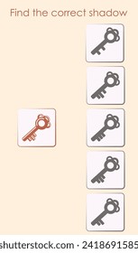Find the correct shadow. Keys. Worksheet. Vector illustration for activity book, children's entertainment.