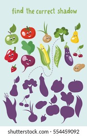 Find the correct shadow - kid learning game with cute fruits and vegetables