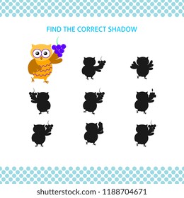 Find the correct shadow kids educational game. Cartoon owl with bunch of grapes