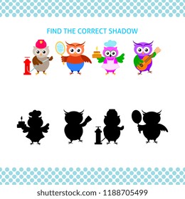 Find the correct shadow kids educational game. Cartoon owl different profession set with silhouette