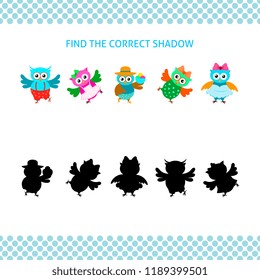 Find the correct shadow kids educational game. Cartoon owls with silhouettes set