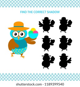 Find the correct shadow kids educational game. Cartoon owl in hat with ice-cream