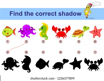 Find correct shadow. Kids educational game. Sea animals