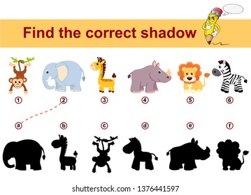 Find correct shadow. Kids educational game. African animals. Lion, elephant, giraffe, monkey, zebra and rhinoceros