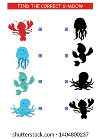 Find the correct shadow. Kids educational game. Cartoon animal: lobster, jellyfish, octopus and fish. 