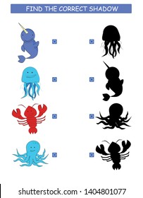 Find the correct shadow. Kids educational game. Cartoon animal: lobster, jellyfish, octopus, narwhal.