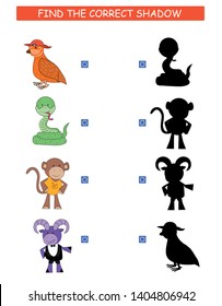Find the correct shadow. Kids educational game. Cartoon animal: bird, snake, monkey, ram. 