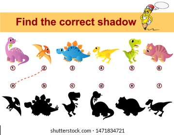 Find correct shadow. Kids educational game. Dinosaurs