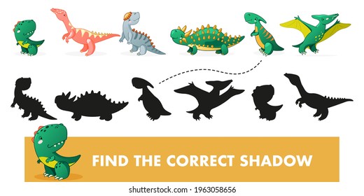 Finden Sie den richtigen Schatten. Kinder pädagogisches Spiel mit Dino. Cute Dinosauriercartoon, Vektorgrafik.
