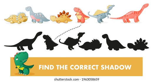 Find the correct shadow. Kids educational game with dino. Cute dinosaur cartoon vector illustration.