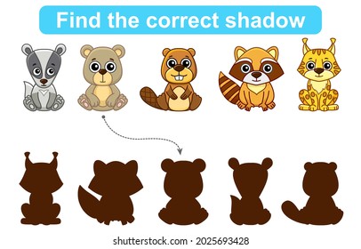 Find correct shadow. Kids educational game. Set of Forest and Zoo Animals to find the correct shadow. Simple gaming level for preschool kids