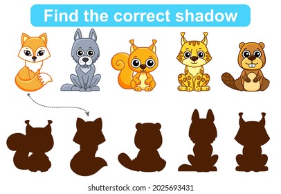 Find correct shadow. Kids educational game. Set of Forest and Zoo Animals to find the correct shadow. Simple gaming level for preschool kids