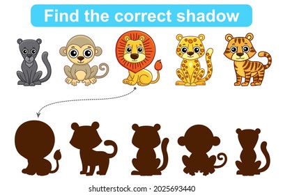Find correct shadow. Kids educational game. Set of Forest and Zoo Animals to find the correct shadow. Simple gaming level for preschool kids