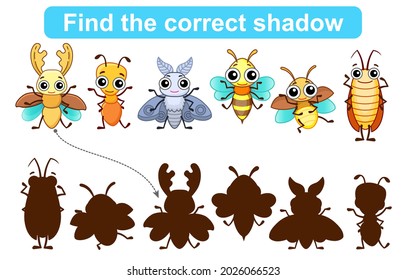 Find correct shadow. Kids educational game. Set of Insects to find the correct shadow. Simple gaming level for preschool kids