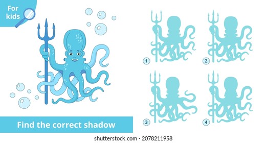 Find the correct shadow. Kids educational game. Cute octopus. Learning card with the task for child preschool and kindergarten.