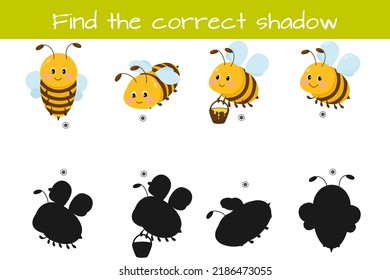 Find correct shadow. Kids educational logic game. Cute funny bees. Vector illustration isolated on white background.