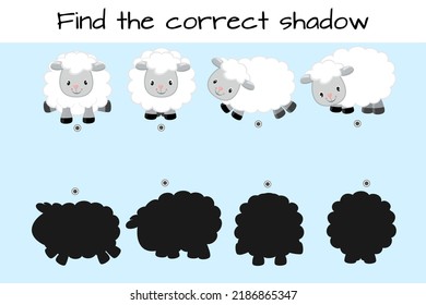 Find correct shadow. Kids educational logic game. Cute funny sheep. Vector illustration isolated on white background.