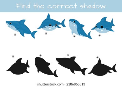 Find correct shadow. Kids educational logic game. Cute funny shark. Vector illustration isolated on white background.