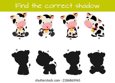 Find correct shadow. Kids educational logic game. Cute funny bull. Vector illustration isolated on white background.
