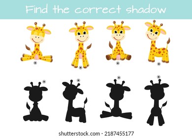 Find correct shadow. Kids educational logic game. Cute funny giraffe. Vector illustration isolated on white background.